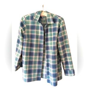 Blue & white poly plaid Ladies’ M flannel shirt.